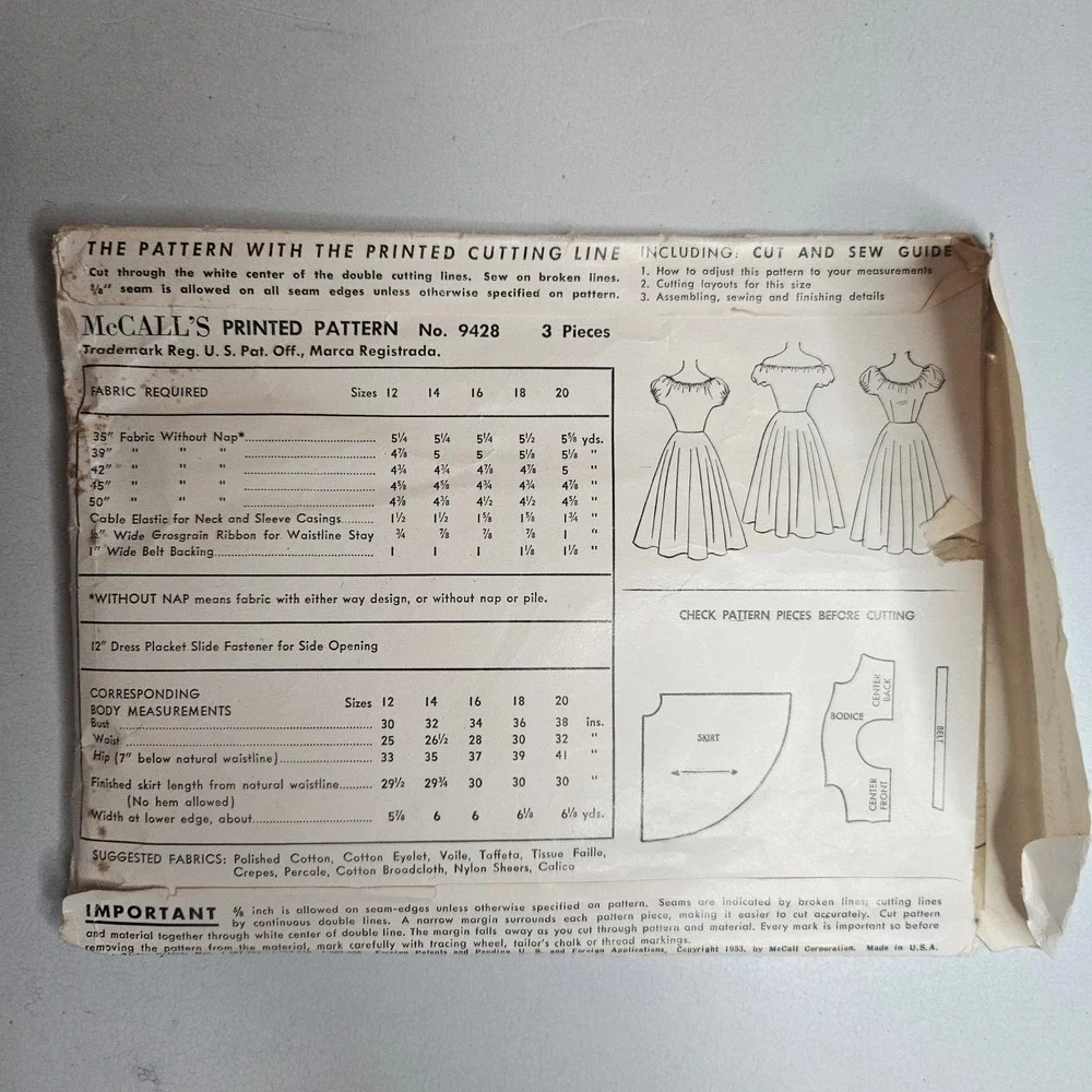 Vintage 1953 McCalls 9428 Sewing Pattern Misses Dress‎ Bust 30 Size 12 MCM 50s